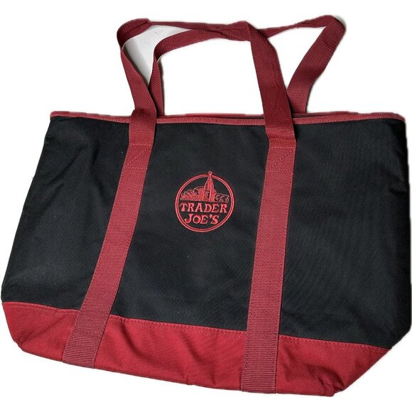 Trader Joe's Black Red Insulated Large Cooler Tote Reusable Shopping Bag 14x20 - Picture 1 of 6